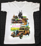 เสื้อยืดคอวีพร้อมสกรีนลายแหล่งท่องเที่ยว ลายสุพรรณบุรี